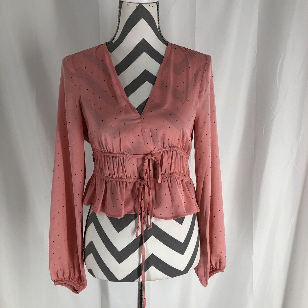 BCBGeneration Tie Front Long Sleeve Top Watermelon Pink Pastel Puffed XS